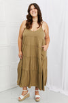 Zenana Full Size Spaghetti Strap Tiered Dress with Pockets in Khaki Maxi Dress Trendsi   