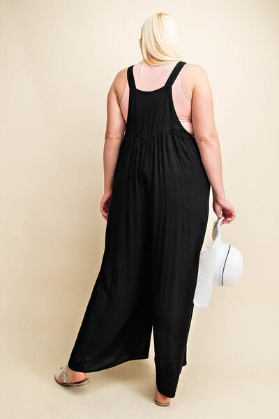 Kori America Full Size Sleeveless Ruched Wide Leg Overalls - NeoKira Unlimited
