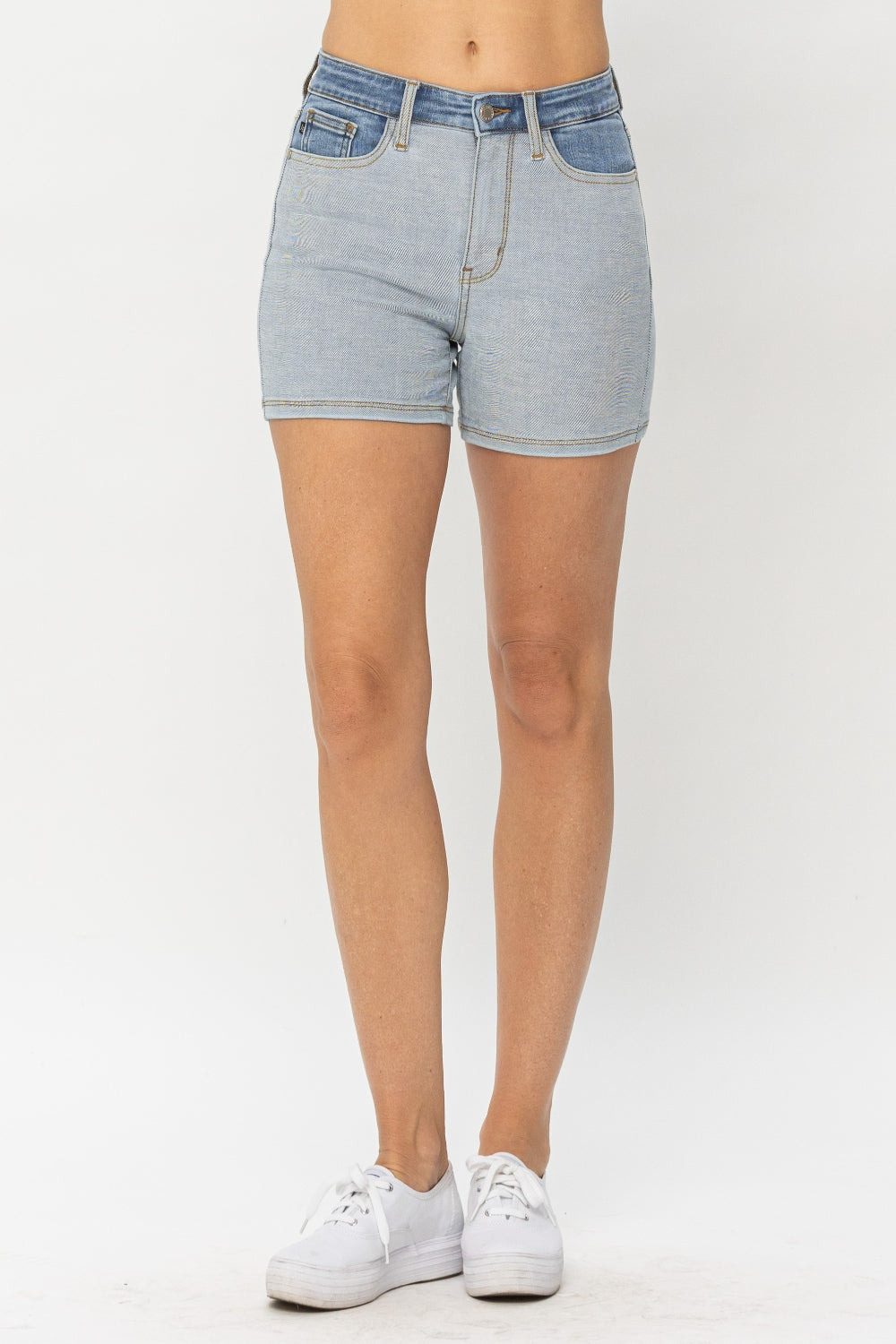 Judy Blue Full Size Color Block Denim Shorts Bold Playful Summer-Ready - NeoKira Unlimited
