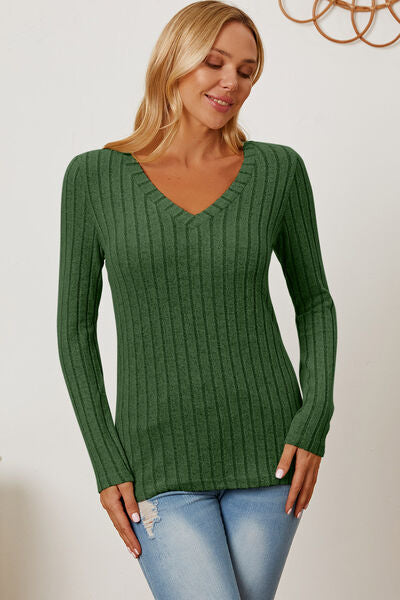 Basic Bae Full Size Ribbed V-Neck Long Sleeve Shirt Top Trendsi   
