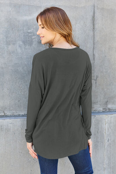 Basic Bae Full Size Round Neck Dropped Shoulder Shirt Top Trendsi   