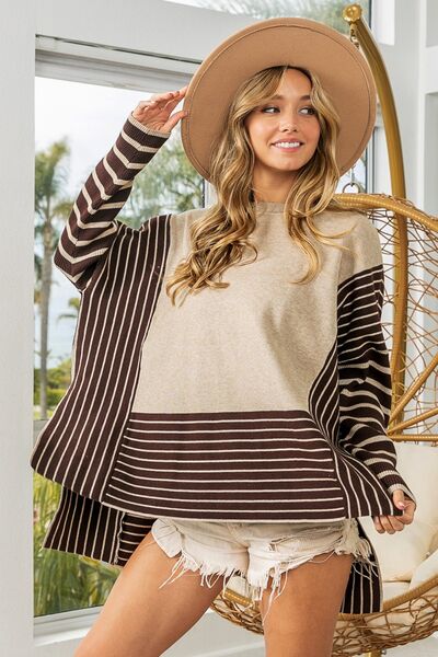 BiBi Striped Contrast Long Sleeve Slit Top Top Trendsi   