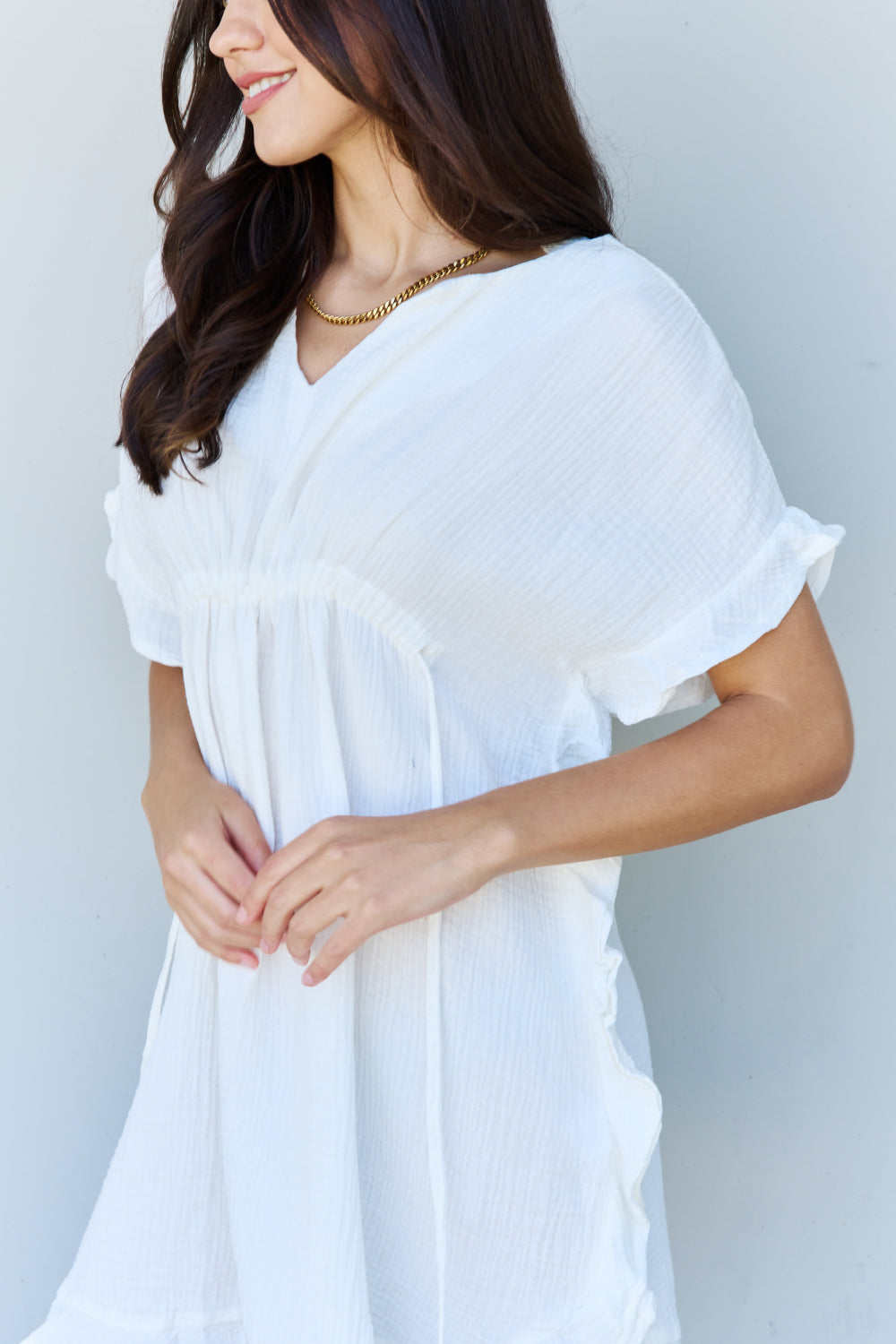 Ninexis Out Of Time Full Size Ruffle Hem Dress with Drawstring Waistband in White Mini Dress Trendsi   