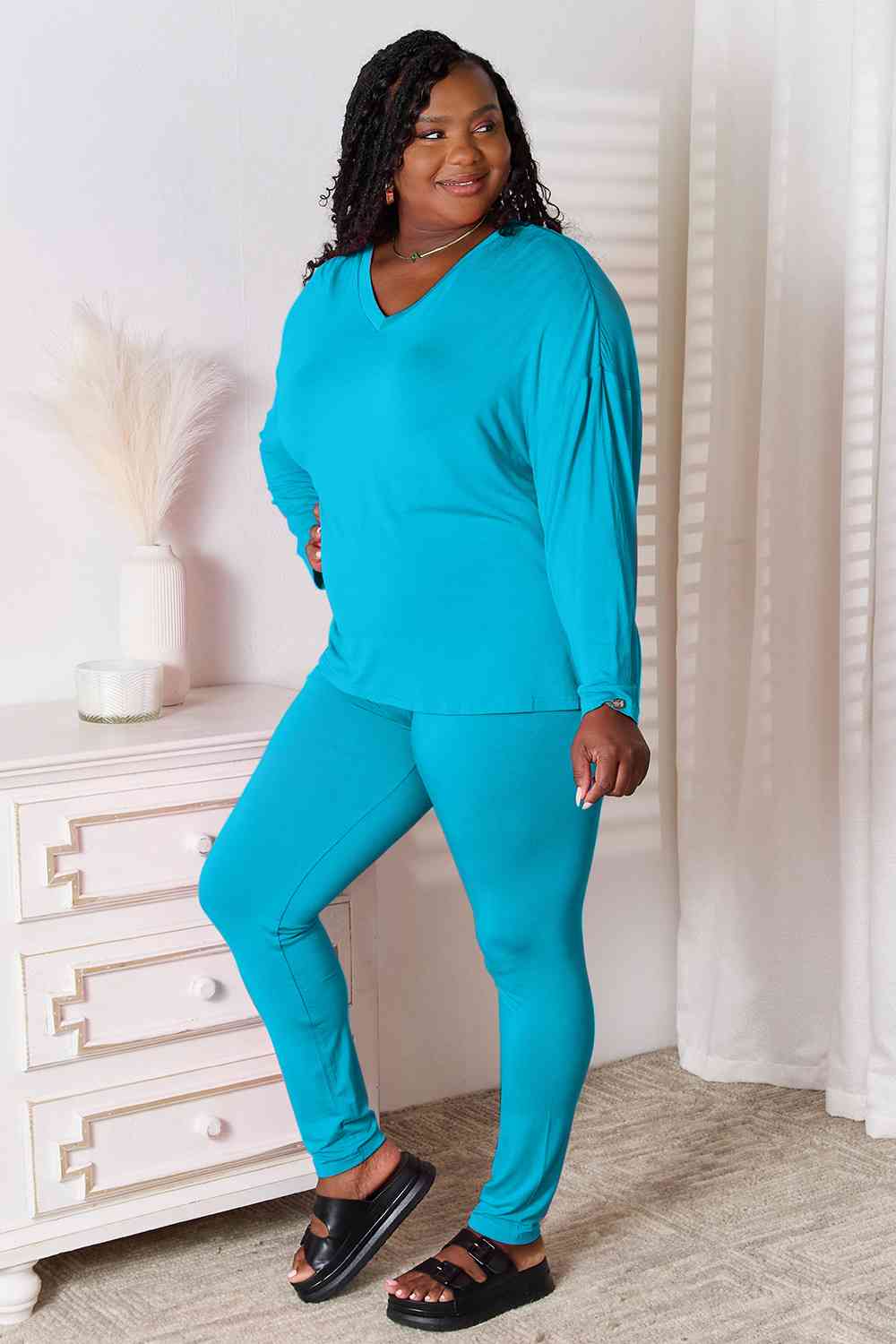 Basic Bae Full Size V-Neck Soft Rayon Long Sleeve Top and Pants Lounge Set Loungewear Trendsi Sky Blue S 