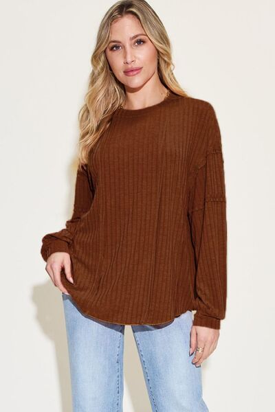 Basic Bae Full Size Ribbed Round Neck Long Sleeve T-Shirt - NeoKira Unlimited
