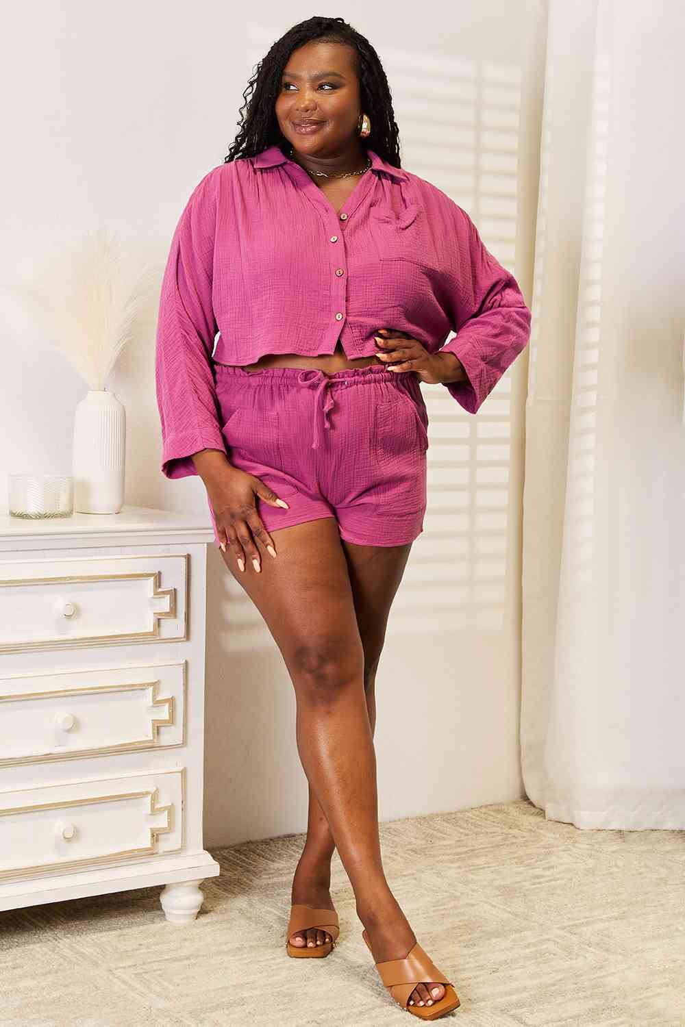 Basic Bae Buttoned Long Sleeve Top and Shorts Set - NeoKira Unlimited