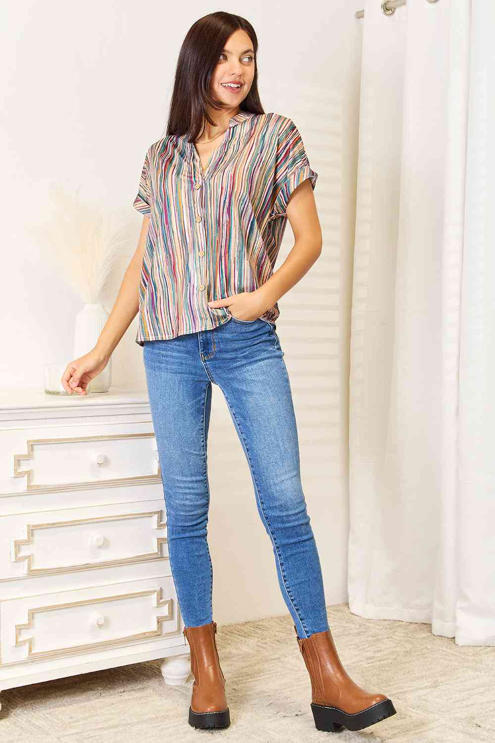 Double Take Multicolored Stripe Notched Neck Top Top Trendsi   