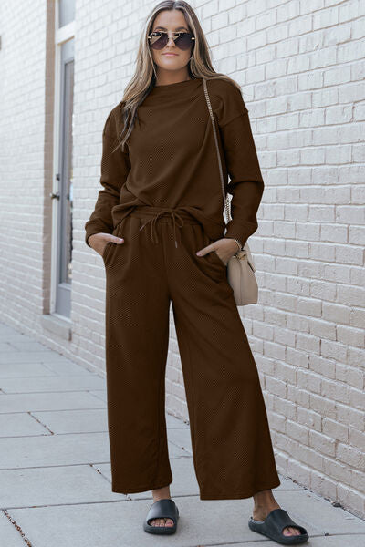 Double Take Full Size Textured Long Sleeve Top and Drawstring Pants Set - NeoKira Unlimited