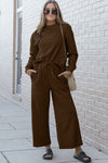 Double Take Full Size Textured Long Sleeve Top and Drawstring Pants Set Pants Set Trendsi Chestnut S 