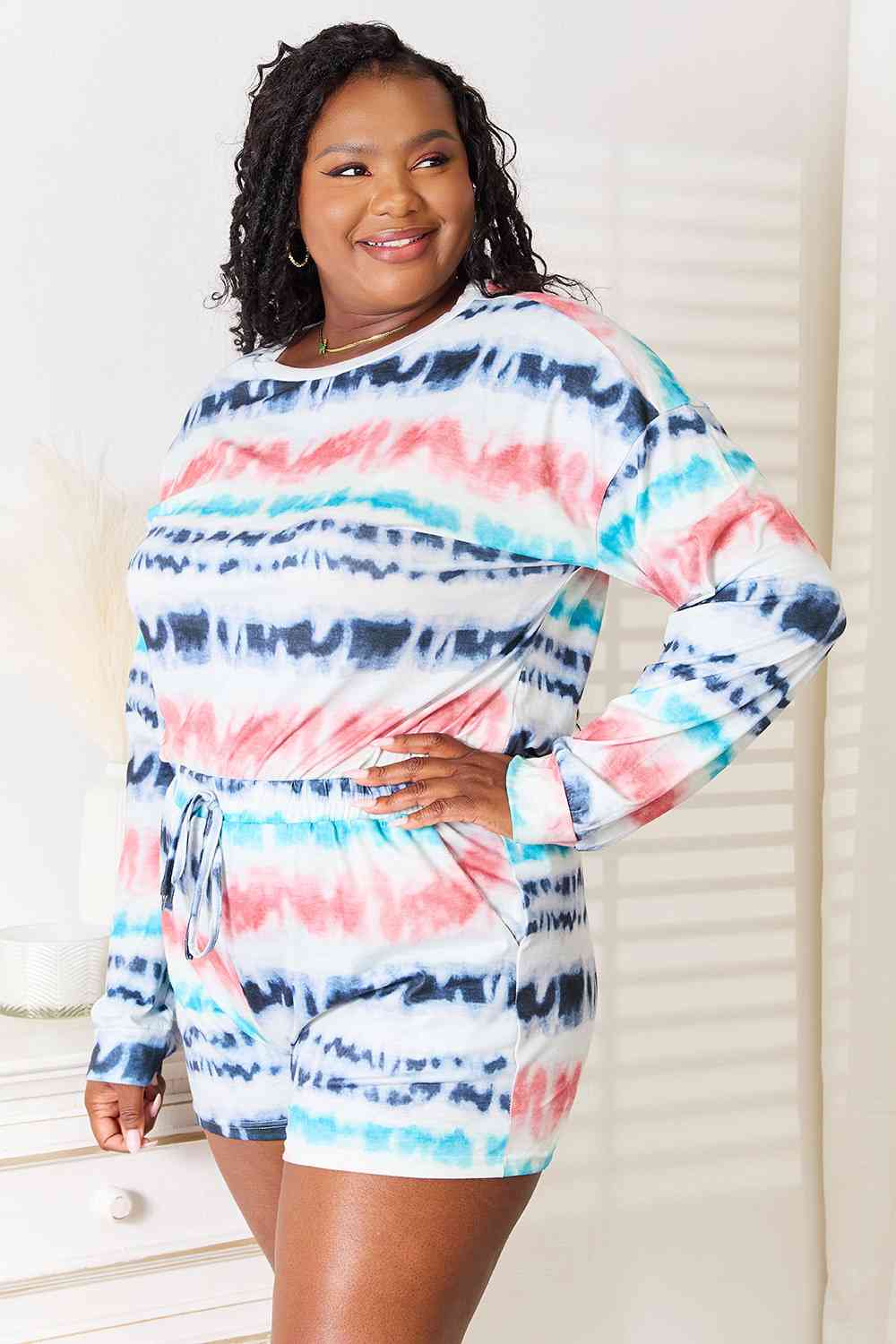 Double Take Tie-Dye Dropped Shoulder Lounge Set Loungewear Trendsi   