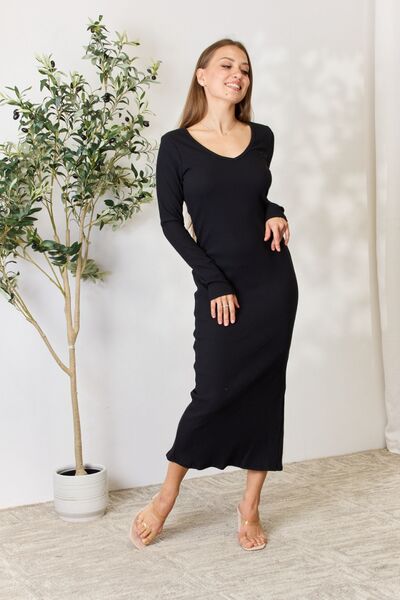 Culture Code Full Size Ribbed Long Sleeve Midi Slit Dress - NeoKira Unlimited