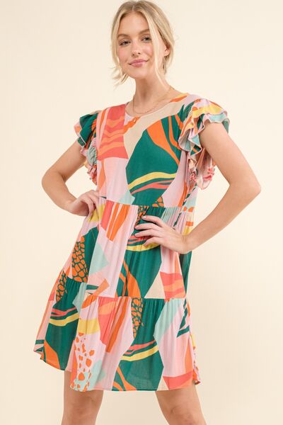 And The Why Printed Double Ruffle Sleeve Dress - NeoKira Unlimited