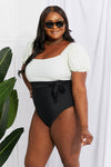 Marina West Swim Salty Air Puff Sleeve One-Piece in Cream/Black Swimsuit Trendsi   