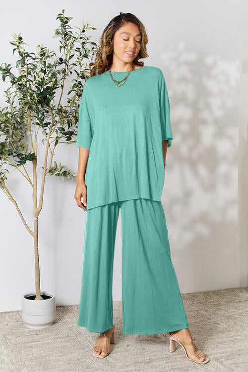 Double Take Full Size Round Neck Slit Top and Pants Set Pants Set Trendsi Turquoise S 