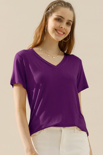 Ninexis Full Size V-Neck Short Sleeve T-Shirt T-Shirt Trendsi PLUM S 