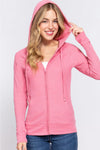 ACTIVE BASIC Waffle Knit Drawstring Zip Up Long Sleeve Hoodie Hoodie Trendsi DEEP PINK S 