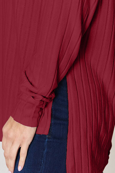 Basic Bae Full Size Ribbed Round Neck Slit Shirt - NeoKira Unlimited