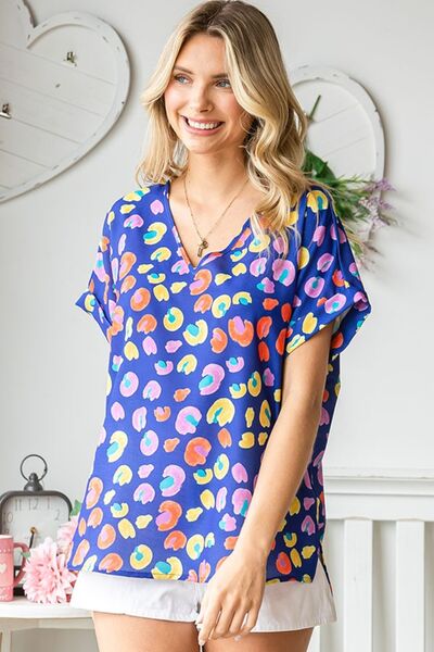 First Love Printed V-Neck Short Sleeve Blouse Blouse Trendsi   