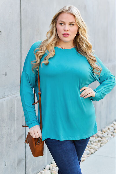 Basic Bae Full Size Round Neck Dropped Shoulder Shirt Top Trendsi   