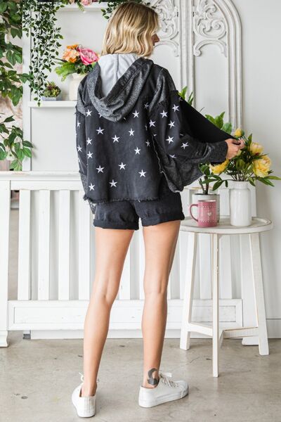 Veveret Star Embroidered Hooded Denim Jacket Jacket Trendsi   