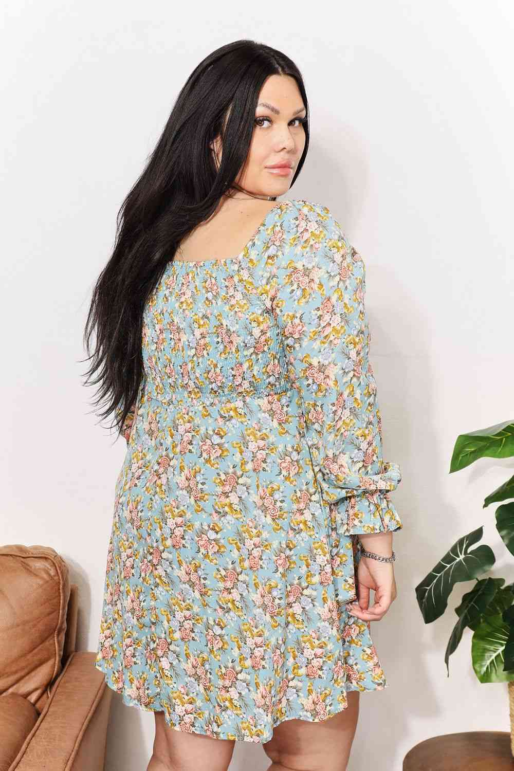 Honey Floral Smocked Flounce Sleeve Square Neck Dress - NeoKira Unlimited