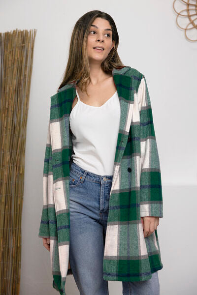 Double Take Full Size Plaid Button Up Lapel Collar Coat Coat Trendsi Green S 