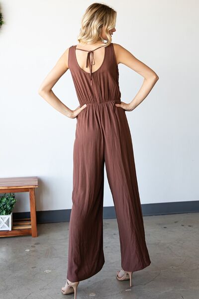 First Love Tie Back Sleeveless Slit Wide Leg Jumpsuit Jumpsuits Trendsi   