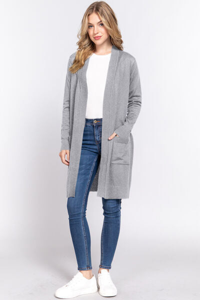 ACTIVE BASIC Open Front Rib Trim Long Sleeve Knit Cardigan - NeoKira Unlimited