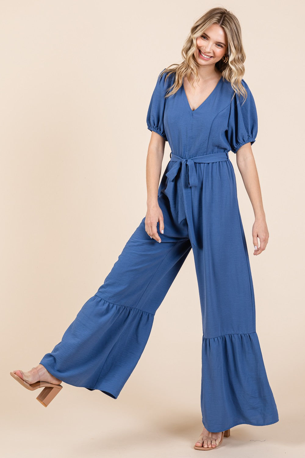 GeeGee Full Size V-Neck Belted Wide Leg Jumpsuit Jumpsuits Trendsi   