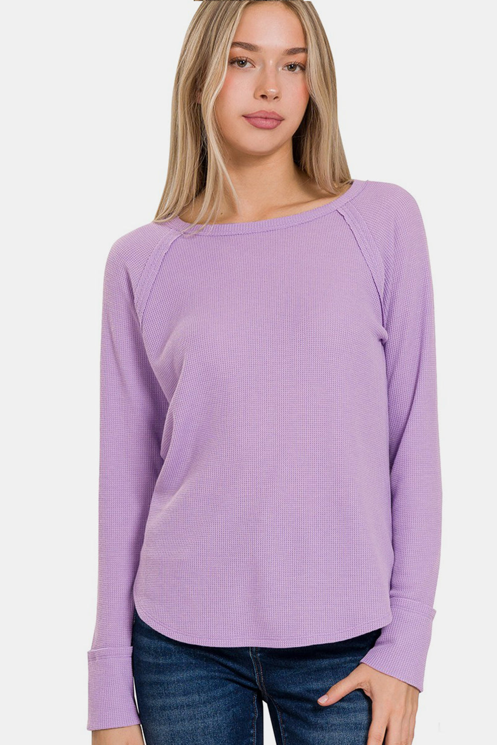 Zenana Waffle Long Sleeve T-Shirt T-Shirt Trendsi LAVENDER S 