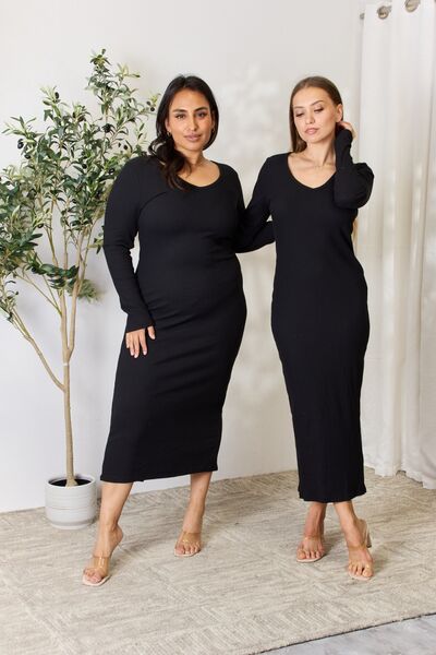 Culture Code Full Size Ribbed Long Sleeve Midi Slit Dress - NeoKira Unlimited