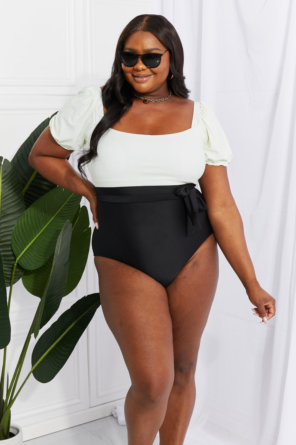 Marina West Swim Salty Air Puff Sleeve One-Piece in Cream/Black Swimsuit Trendsi   