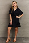 Hailey & Co Comfort Cutie Double V-Neck Puff Sleeve Mini Dress Mini Dress Trendsi   