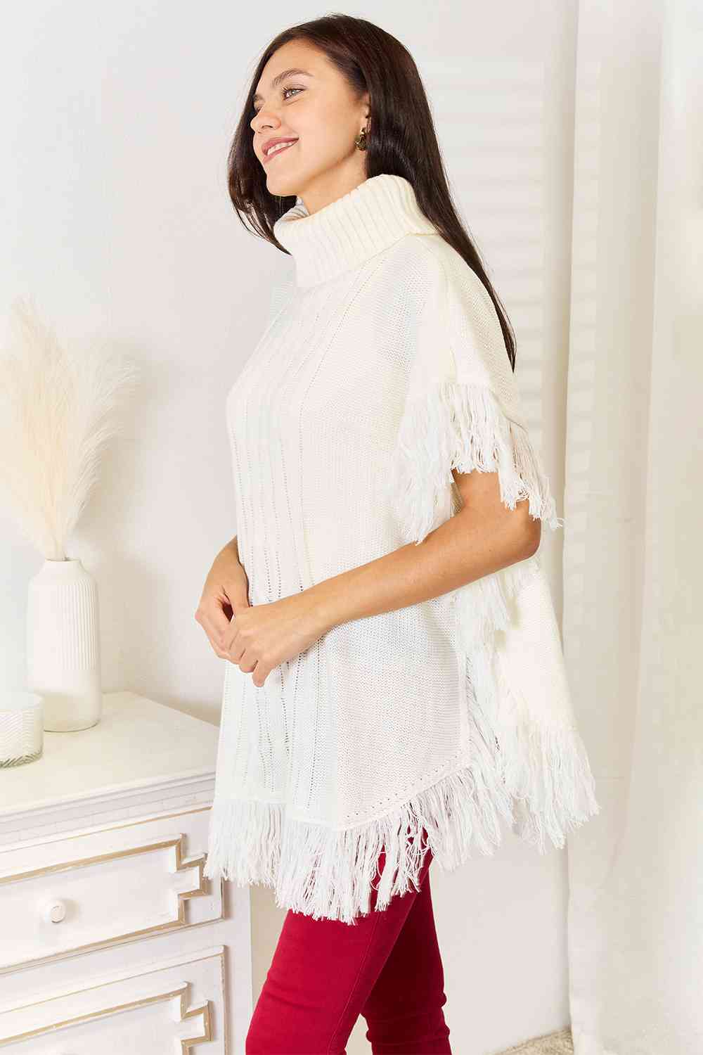 Justin Taylor Turtle Neck Fringe Poncho Ponchos Trendsi   