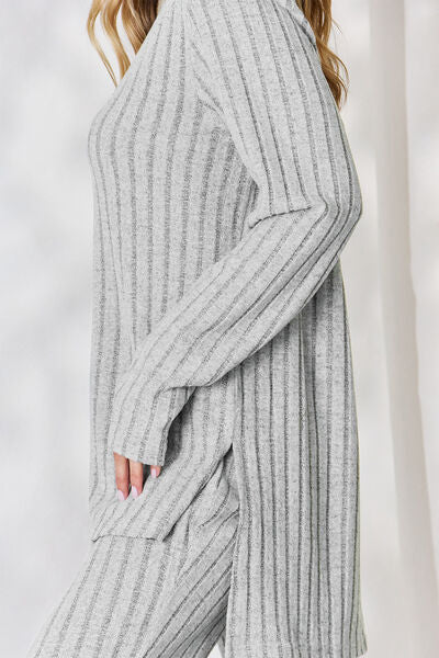 Basic Bae Full Size Ribbed High-Low Top and Wide Leg Pants Set - NeoKira Unlimited