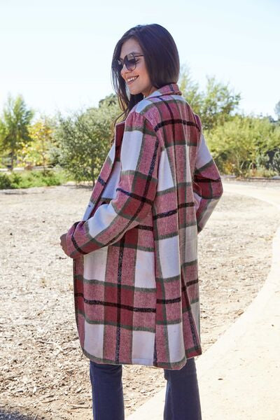 Double Take Full Size Plaid Button Up Lapel Collar Coat - NeoKira Unlimited