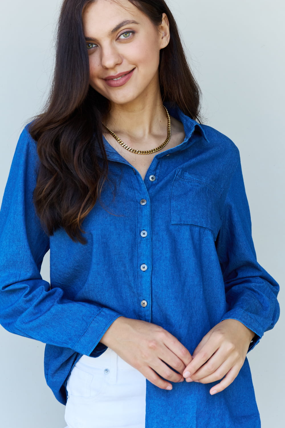 Doublju Blue Jean Baby Denim Button Down Shirt Top in Dark Blue Top Trendsi   