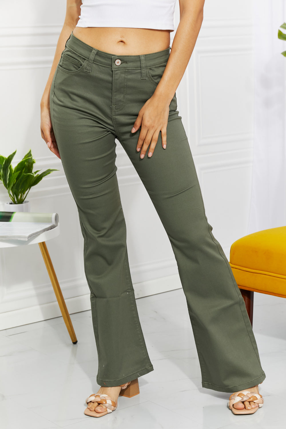 Zenana Clementine Full Size High-Rise Bootcut Jeans in Olive Pants Trendsi Matcha Green S 