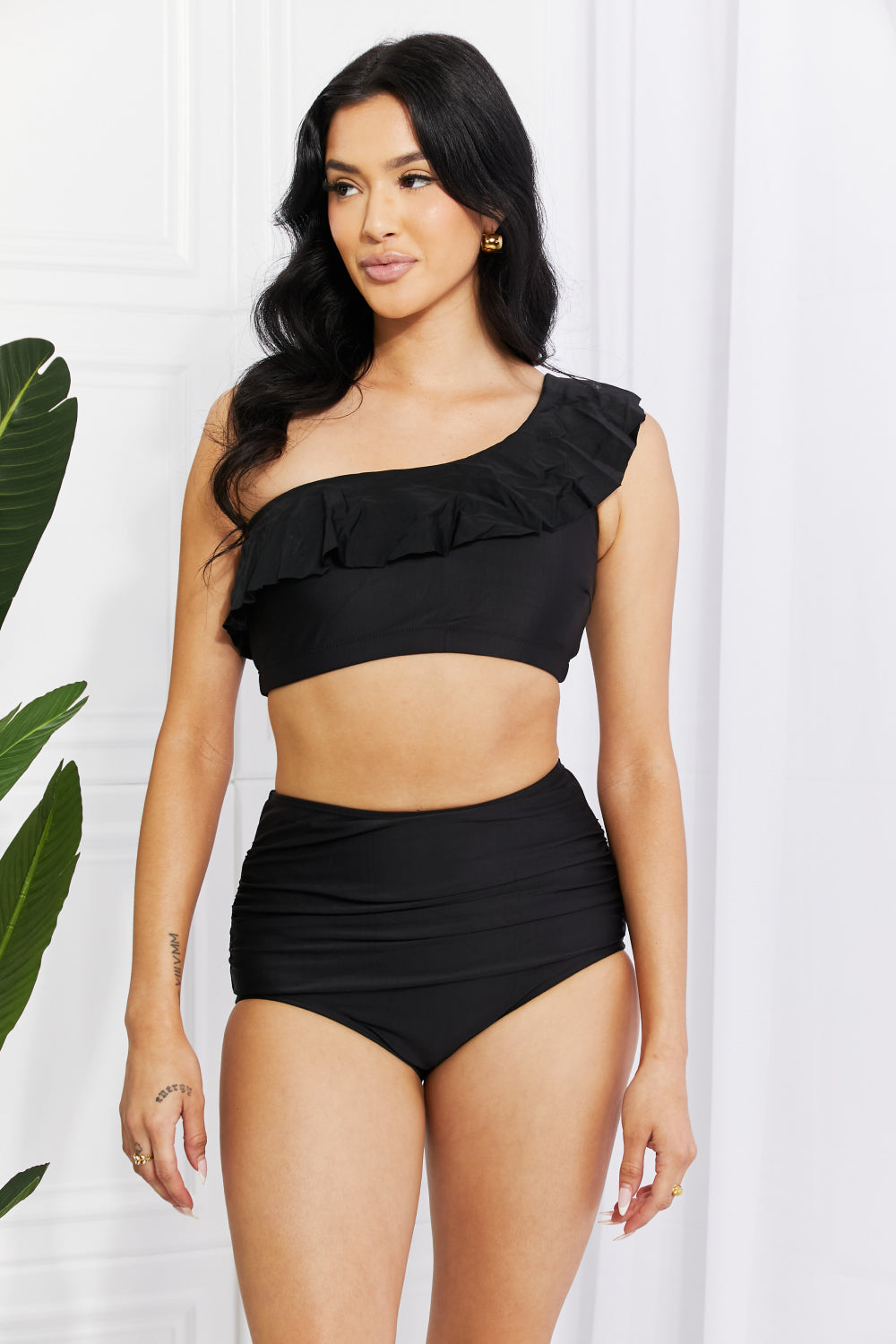 Marina West Swim Seaside Romance Ruffle One-Shoulder Bikini in Black Bikini Trendsi Black S 