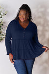 Double Take Half Button Long Sleeve Ruffle Hem Blouse Blouse Trendsi Dark Navy S 