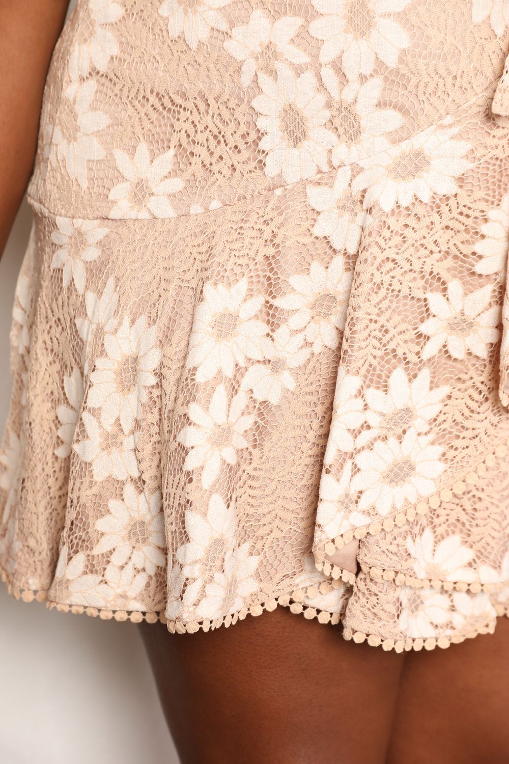 Double Take Floral Lace Pompom Detail Tie-Waist Flutter Sleeve Dress Mini Dress Trendsi   