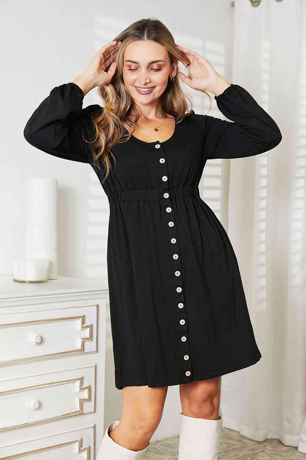 Double Take Scoop Neck Empire Waist Long Sleeve Magic Dress Mini Dress Trendsi   