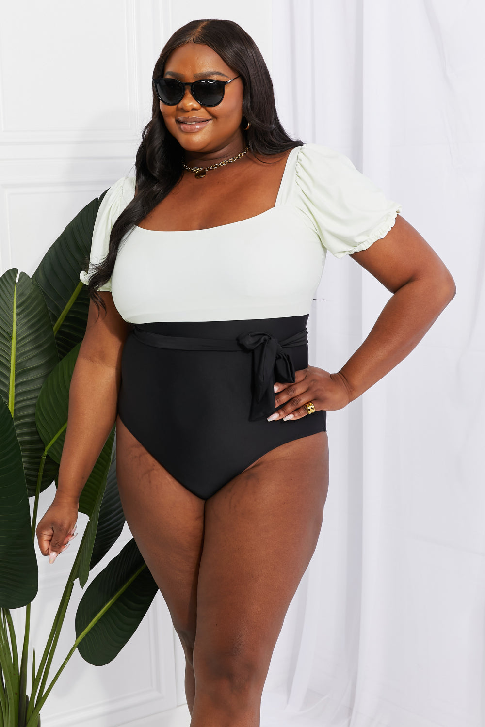 Marina West Swim Salty Air Puff Sleeve One-Piece in Cream/Black Swimsuit Trendsi   