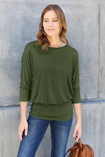 Basic Bae Full Size Round Neck Batwing Sleeve Blouse Top Trendsi Army Green S 