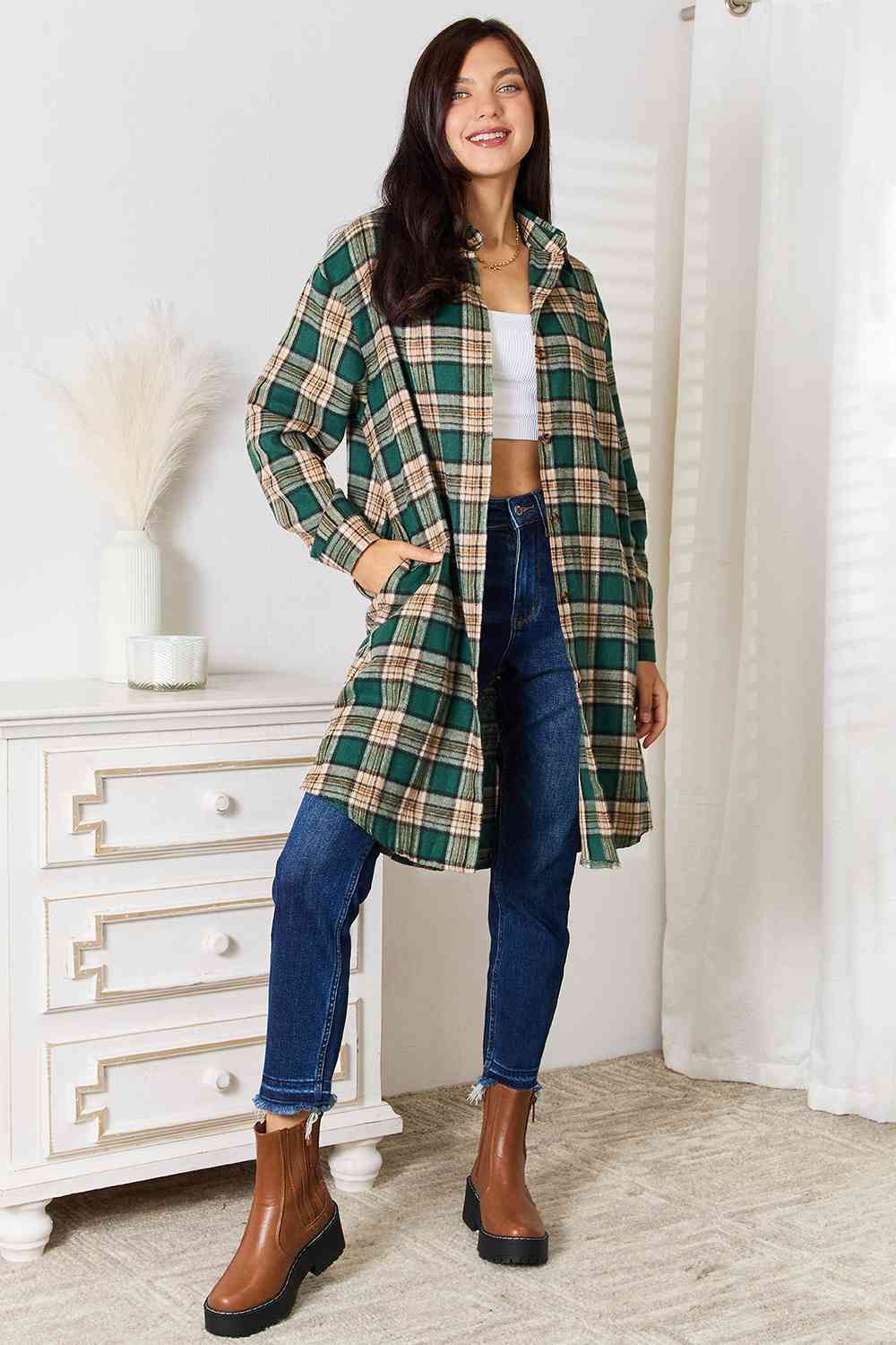 Double Take Plaid Collared Neck Long Sleeve Shirt - NeoKira Unlimited