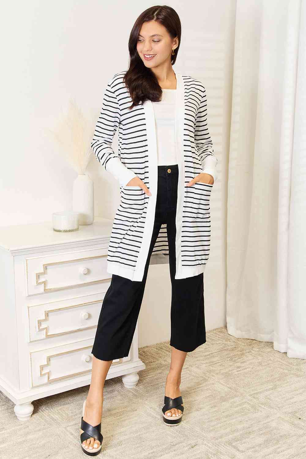 Double Take Striped Open Front Longline Cardigan - NeoKira Unlimited