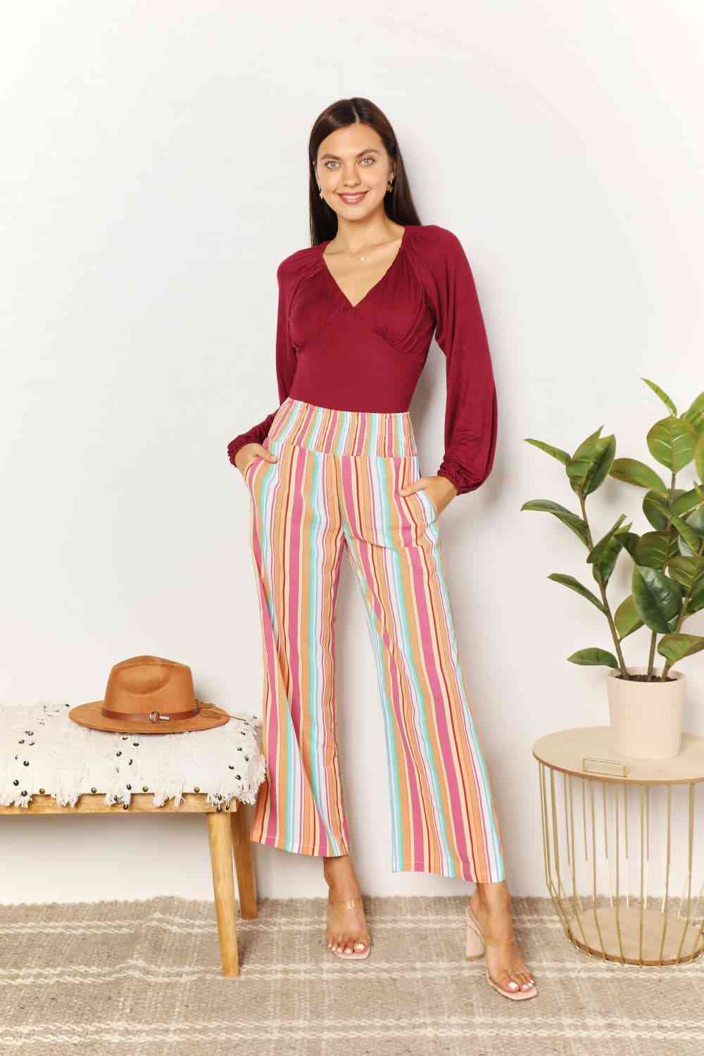 Double Take Striped Smocked Waist Pants with Pockets Pants Trendsi   