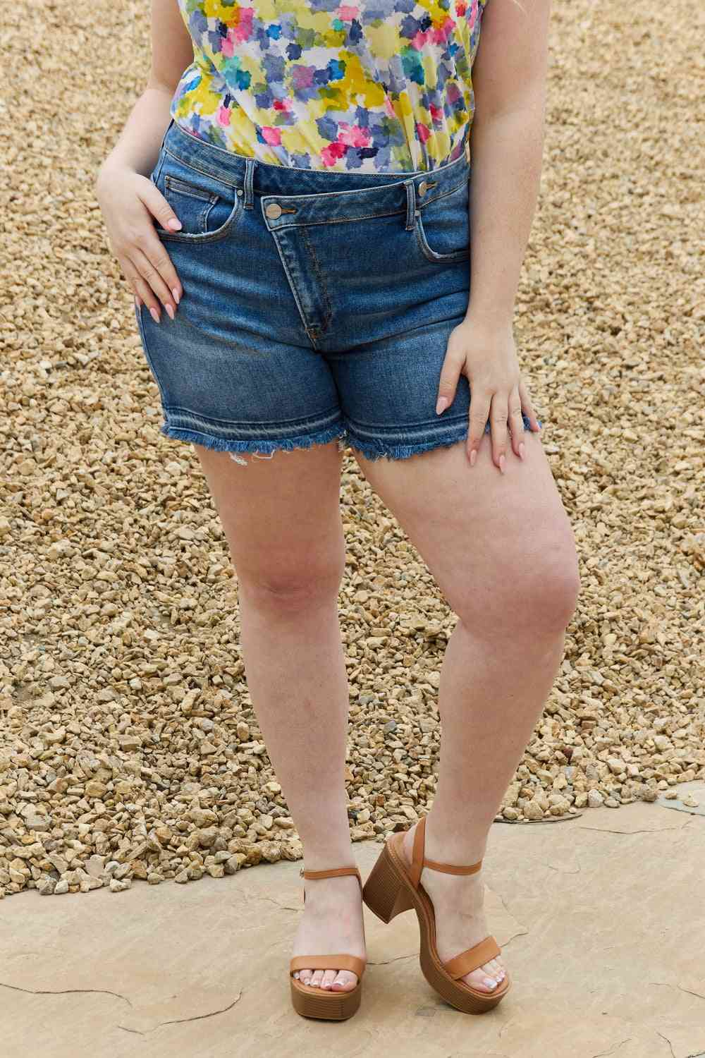 RISEN Maya Full Size Mid Rise Asymmetrical Shorts Denim Shorts Trendsi Medium S 