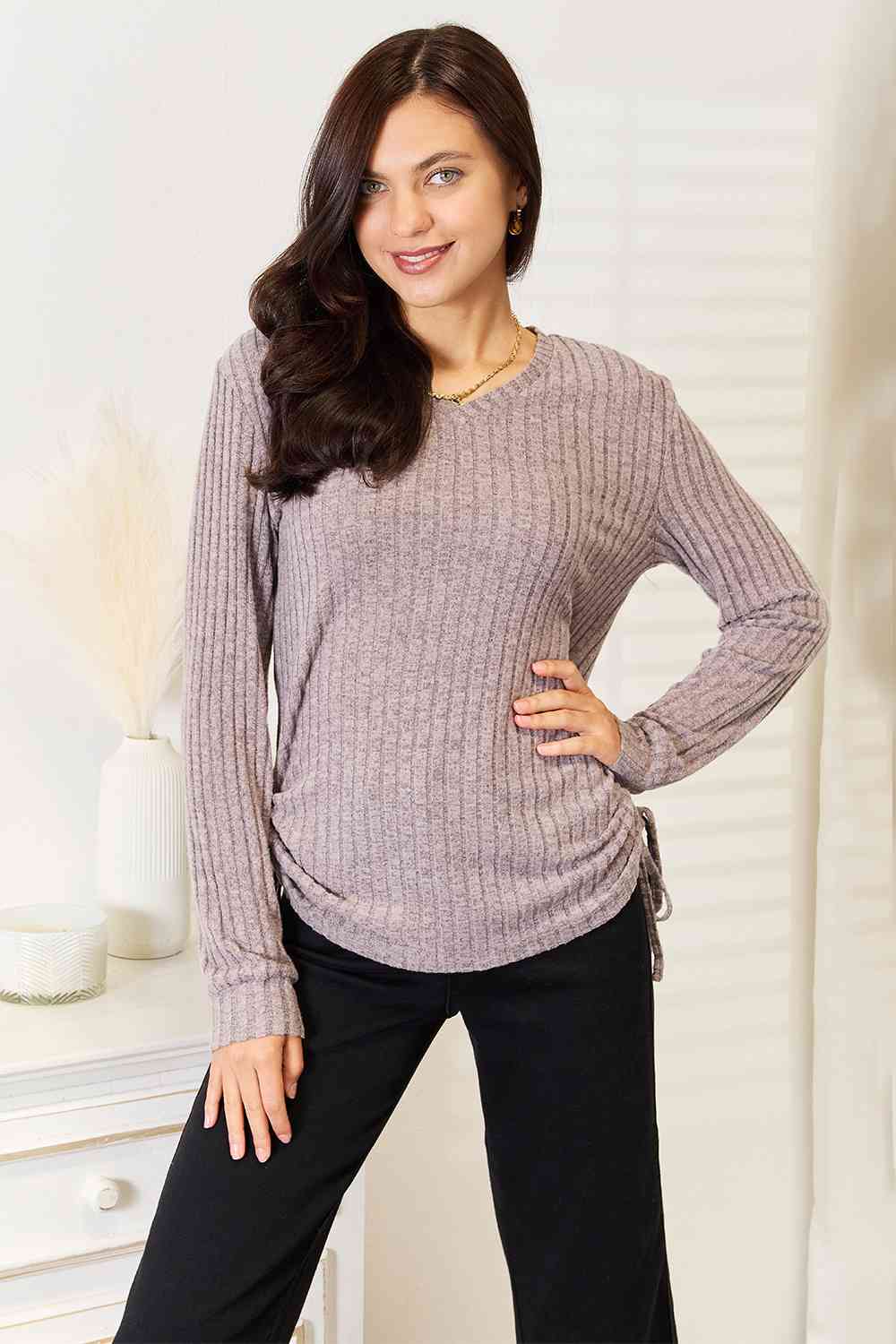 Double Take Drawstring Ribbed Long Sleeve T-Shirt - NeoKira Unlimited