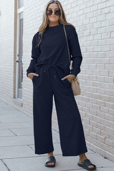 Double Take Full Size Textured Long Sleeve Top and Drawstring Pants Set Pants Set Trendsi Navy S 